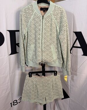 Victoria Beckham Women's Mint Green Lace Bomber Jacket Shorts Set M 8